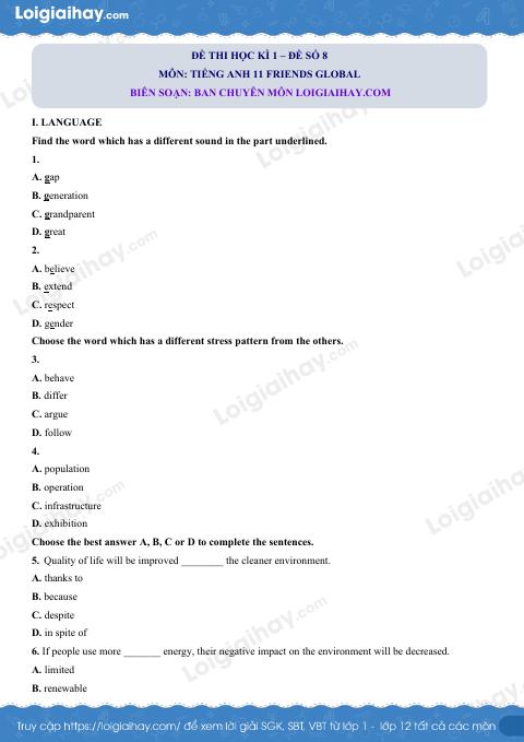 Đề thi học kì 1 Tiếng Anh 11 Friends Global - Đề số 8